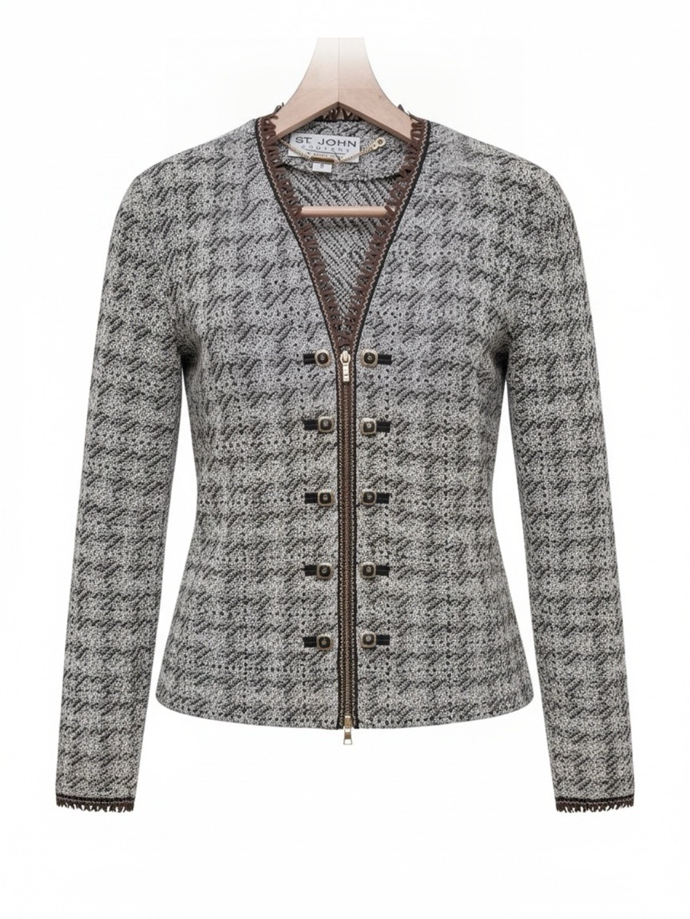 St. John Couture Marie Gray Knit Jacket Size 8 Brown Cream